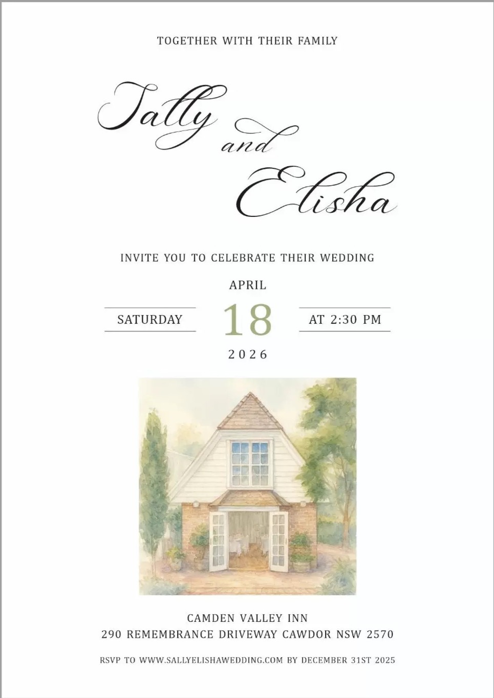 Sally and Elisha's wedding invitation